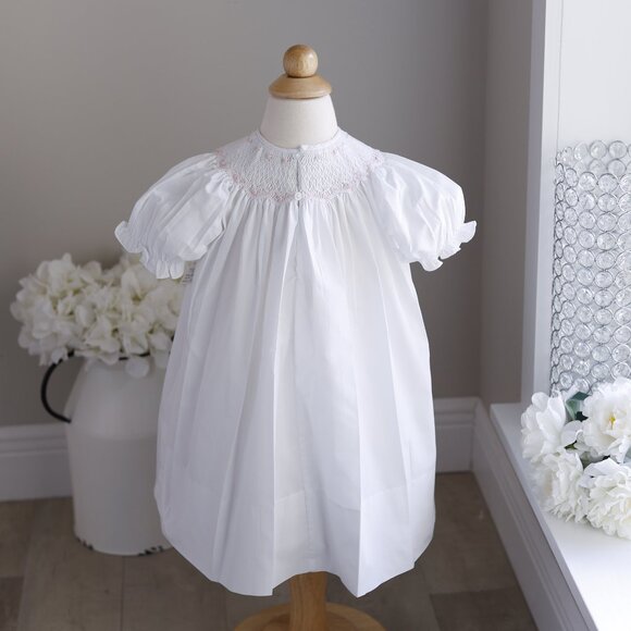 White Smocked Dress Bishop Float Feltman Brothers Pink Bullion Embroidery - Picture 6 of 6